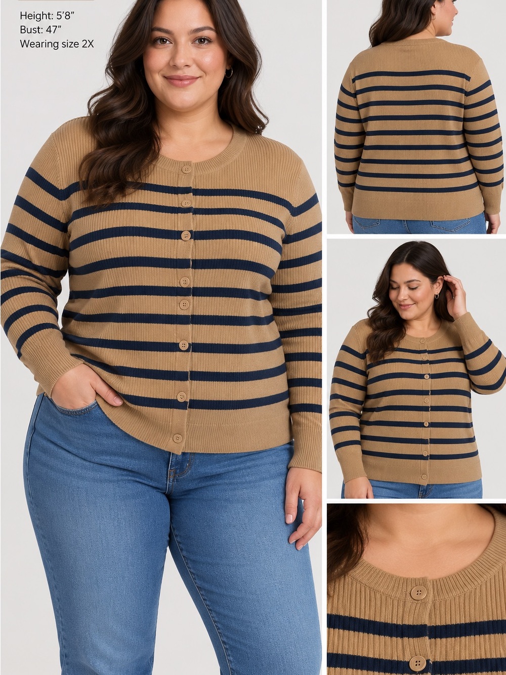 a new day Camel and Navy Striped Button-Front Cardigan
